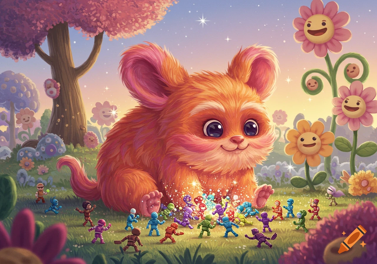 A large, fluffy orange creature sits among colorful action figures in a whimsical, pastel fantasy landscape with smiling flowers and trees.