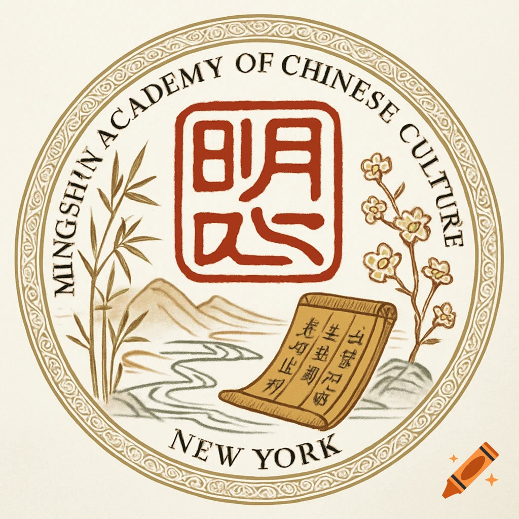 A circular logo for "Mingshin Academy of Chinese Culture, New York," featuring a central red seal with Chinese characters, surrounded by bamboo, plum blossoms, mountains, a river, and a bamboo scroll with illegible text, all within an ornate border.