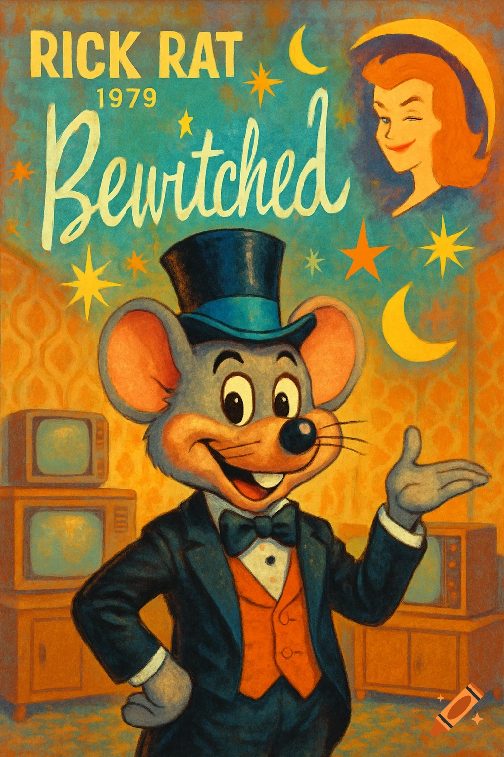 Vintage poster featuring Rick Rat in a top hat and suit, a winking woman, stars, and moons, with text "RICK RAT 1979 Bewitched."