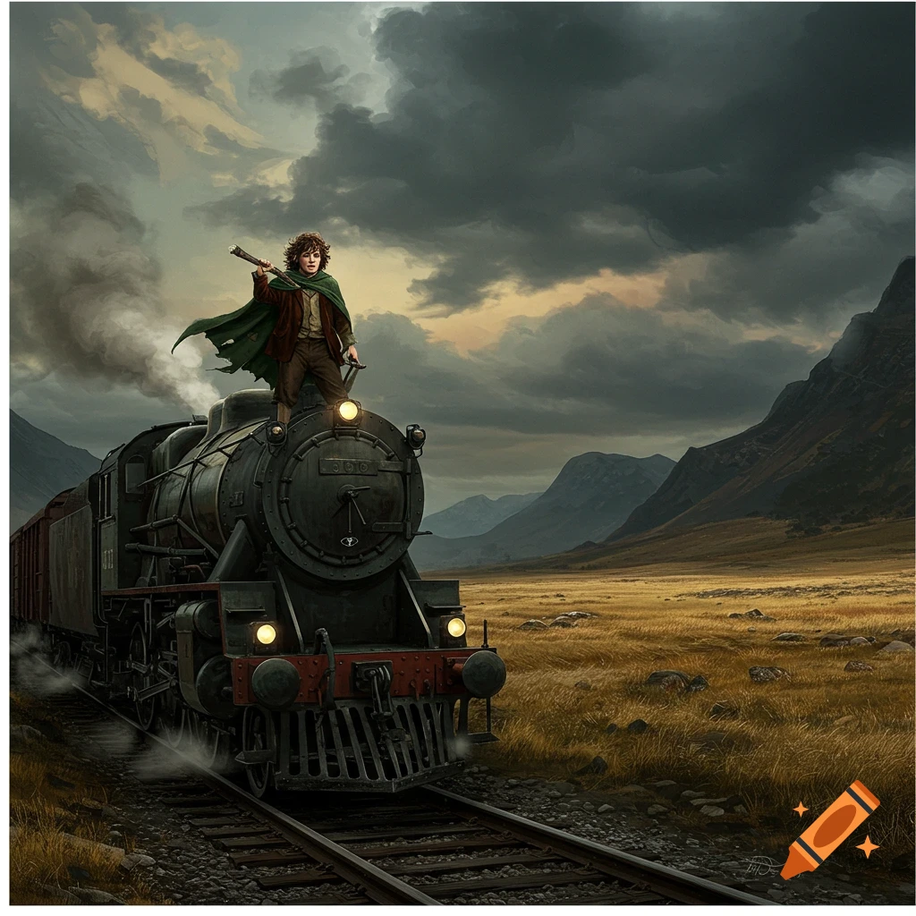 A character resembling Frodo stands atop a large, dark steam train moving through a vast, golden grassy landscape under a dramatic cloudy sky.