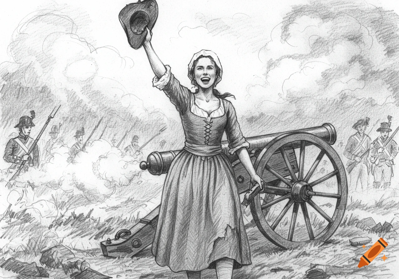 A pencil drawing of Molly Pitcher celebrating by a cannon amidst smoke and soldiers on a Revolutionary War battlefield.