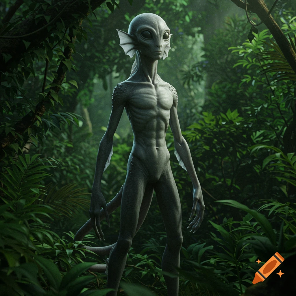 A grey, humanoid alien creature with large eyes, fins, and a long tail stands in a dense, green jungle setting.