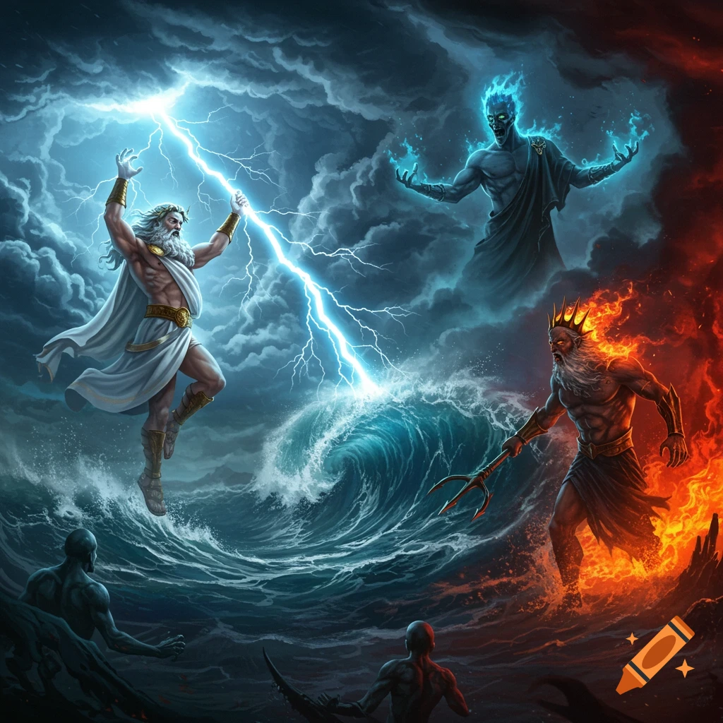 Zeus with lightning, Poseidon with trident, and Hades with blue flames battle in a dramatic fantasy digital painting over turbulent waters.
