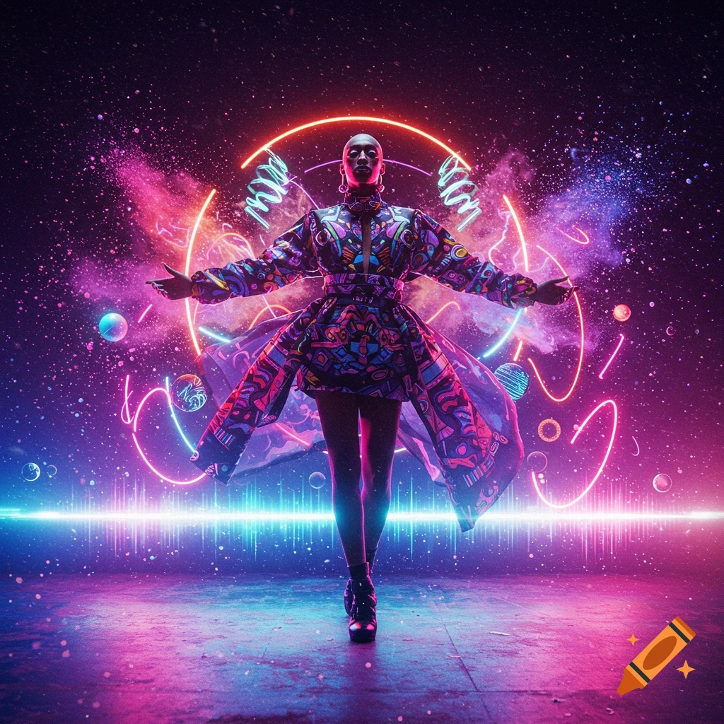 A person in a vibrant, futuristic coat with outstretched arms, set against a neon cosmic background.