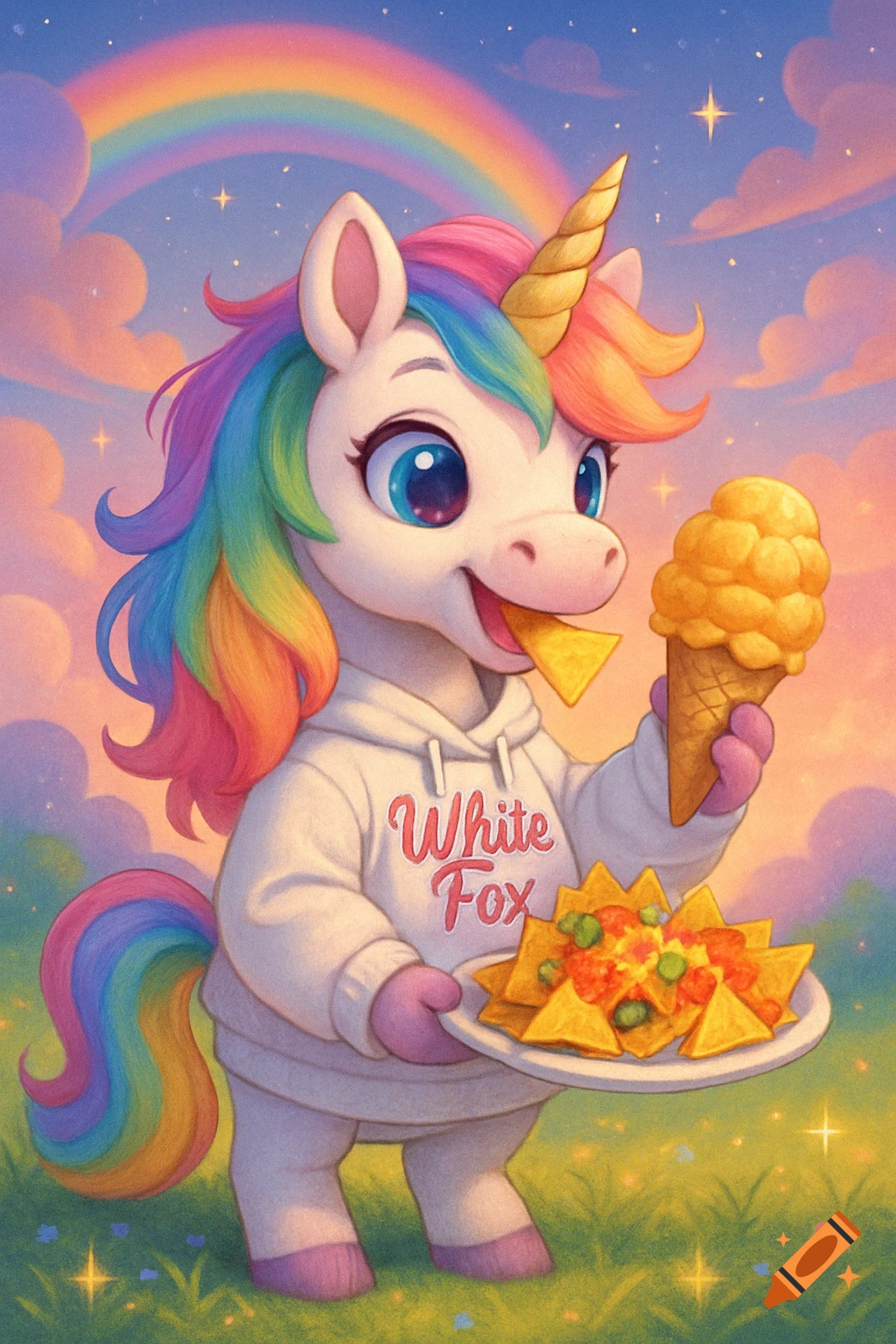 A colorful cartoon rainbow unicorn wearing a 'White Fox' hoodie eats nachos and an ice cream cone under a rainbow sky.