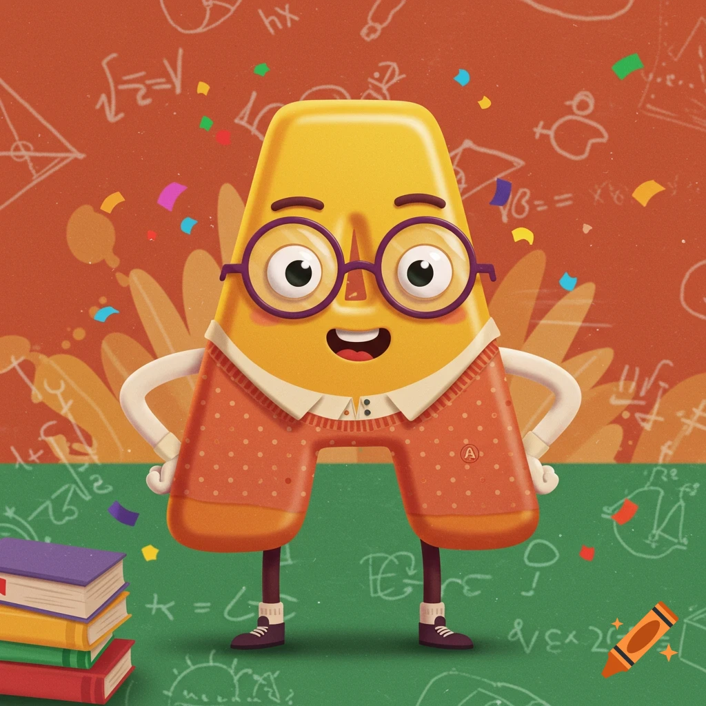A whimsical cartoon character shaped like the letter 'A' wearing glasses and a sweater, standing in a classroom setting with books and math equations.