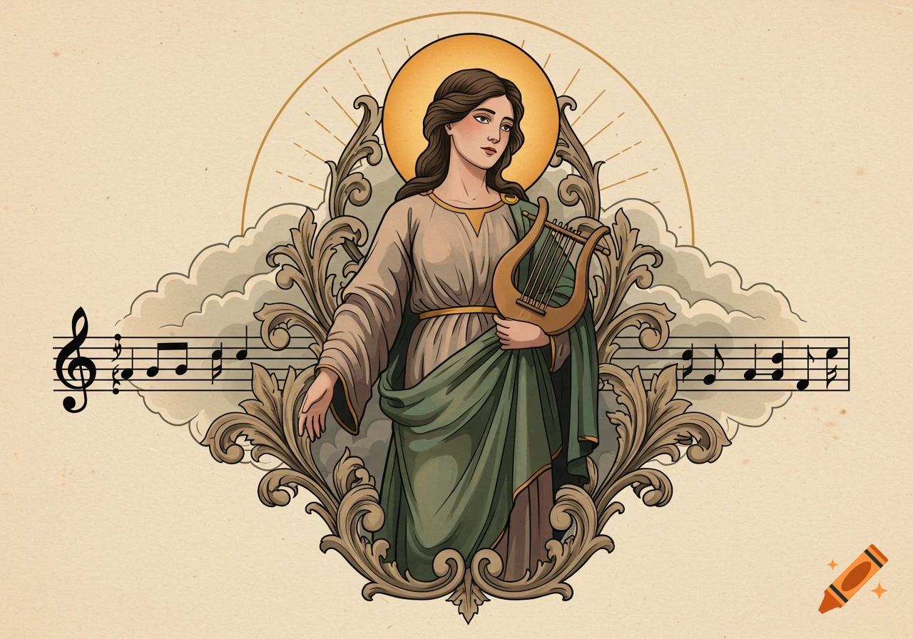 An old-school tattoo style illustration of Saint Cecilia holding a lyre, surrounded by ornate rococo-like flourishes, clouds, musical notation, and a halo.