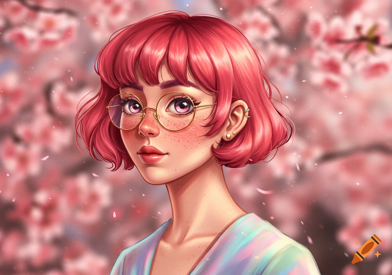 A stylized portrait of a person with short pink hair, round glasses, and freckles, against a blurry background of pink cherry blossoms.