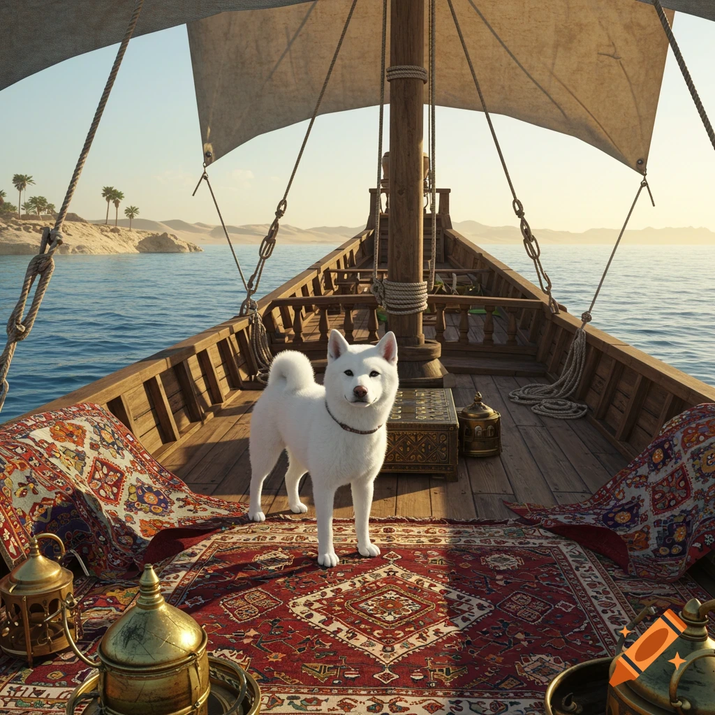 A fluffy white dog stands on an ornate red rug on a wooden boat, sailing past a desert island with palm trees.