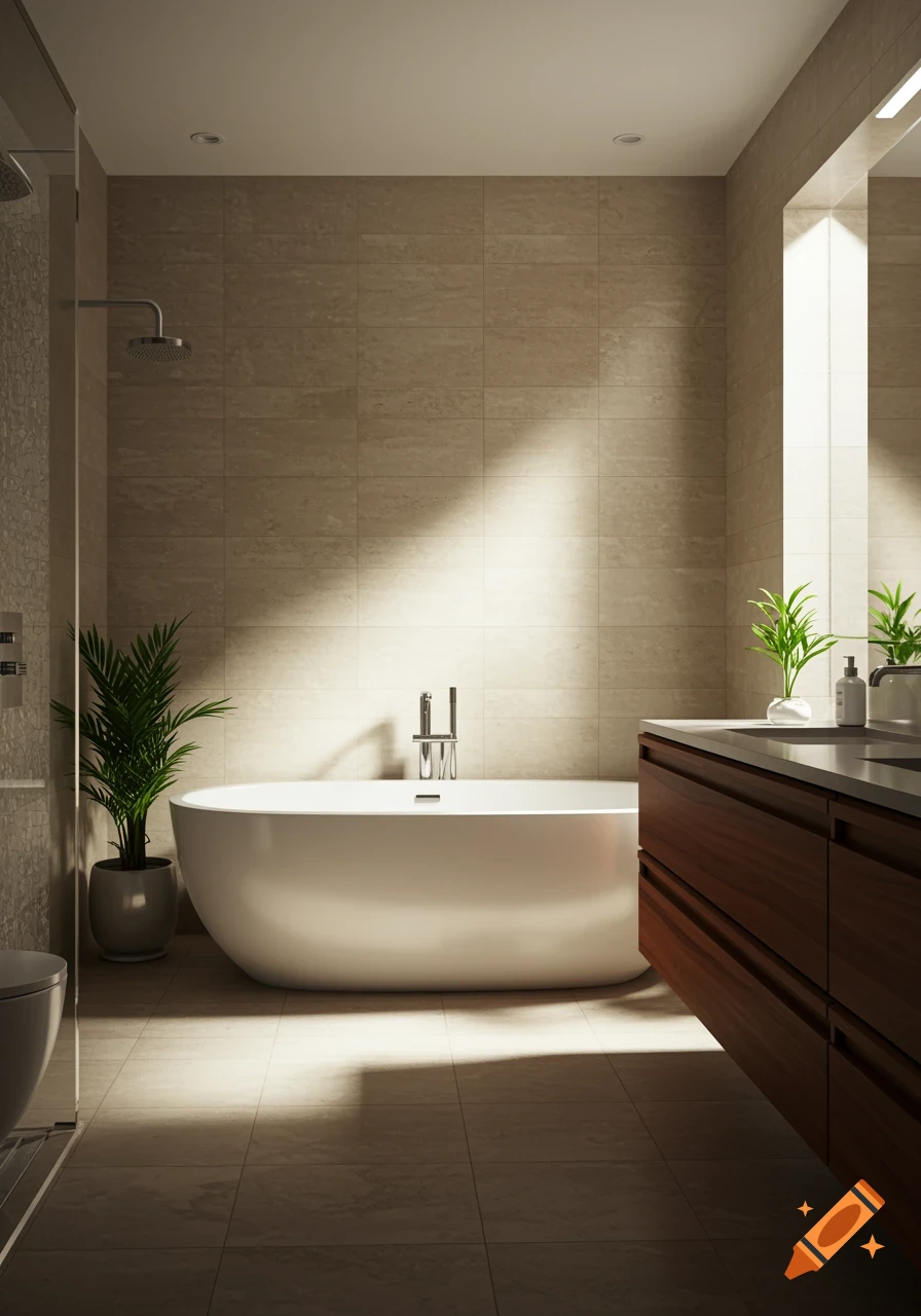 A modern bathroom with a white freestanding tub, walk-in shower, wooden vanity, and potted plants, illuminated by sunlight.