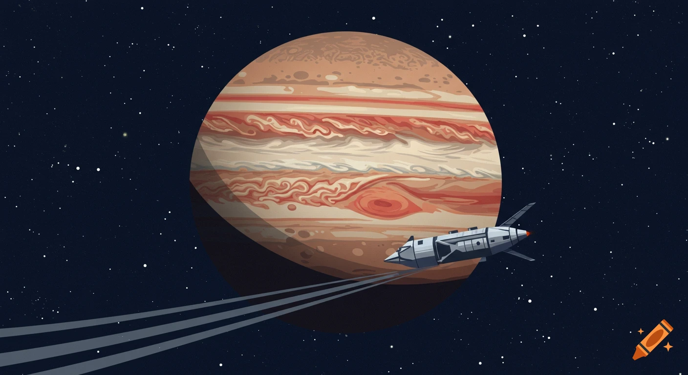 A stylized spaceship flies past the gas giant planet Jupiter against a starry dark blue background.