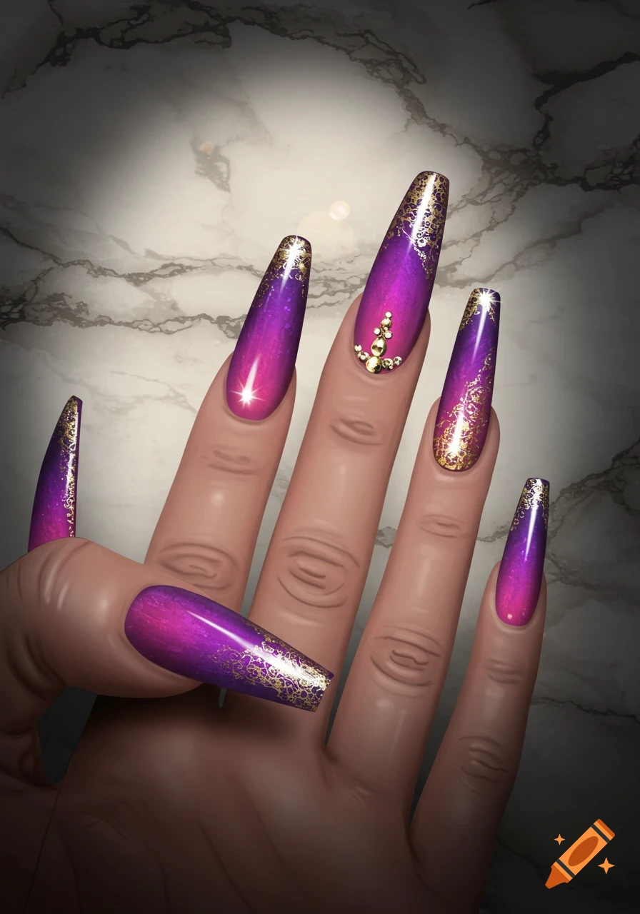 A hand with long, coffin-shaped nails featuring a purple and pink gradient, gold patterns, and small golden gems on a marble background.