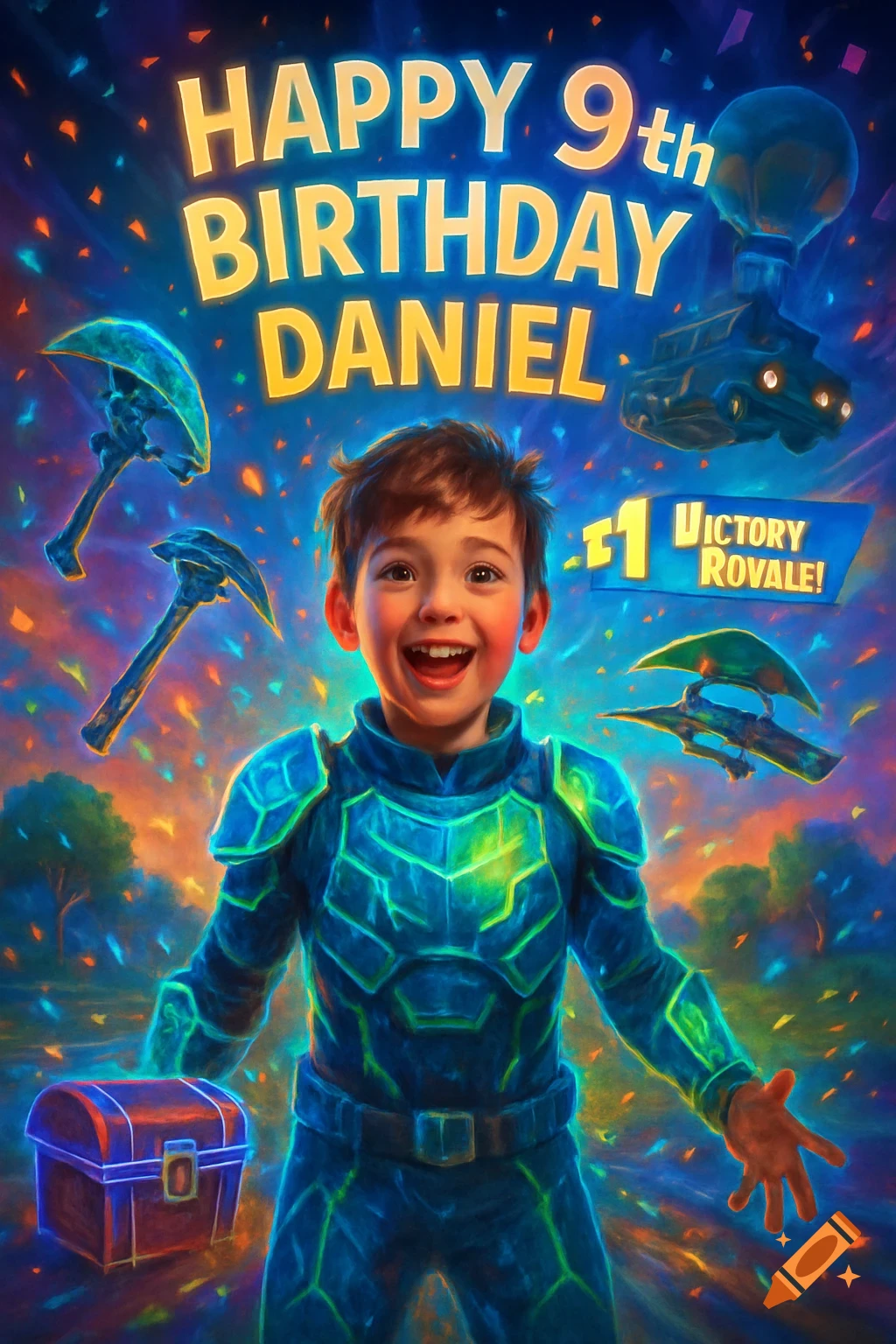 A boy in a blue glowing suit smiles on a confetti-filled background with "Happy 9th Birthday Daniel" and Fortnite elements.