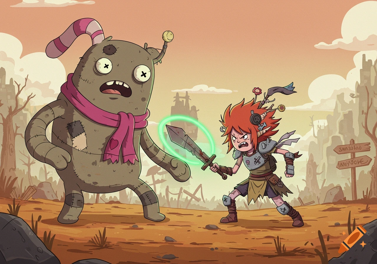 A red-haired raider girl with a sword battles a large, scared monster made of socks in a post-apocalyptic landscape, in the Adventure Time style.