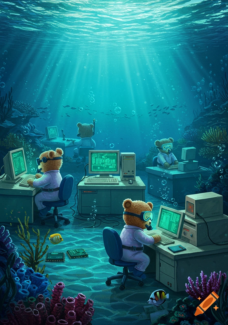 Teddy bears in diving masks work at desks with vintage computers underwater, illuminated by sunbeams, surrounded by coral and fish.