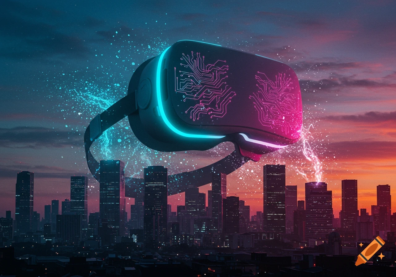 Giant VR headset with glowing circuits floats above a futuristic cityscape at sunset, emitting blue and pink light.