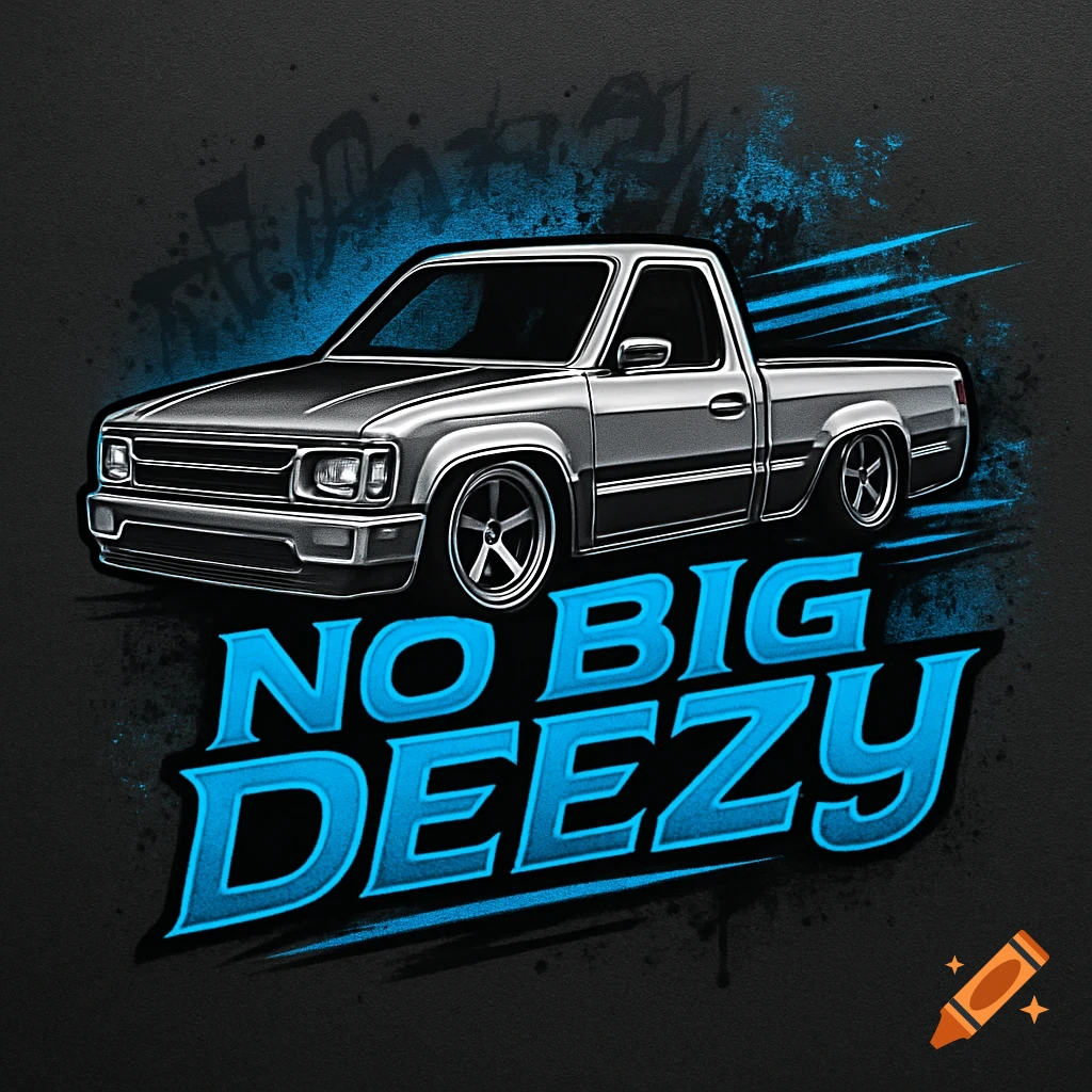 A graphic logo featuring a lowered grey mini truck with blue speed lines and text "NO BIG DEEZY" in blue and black.