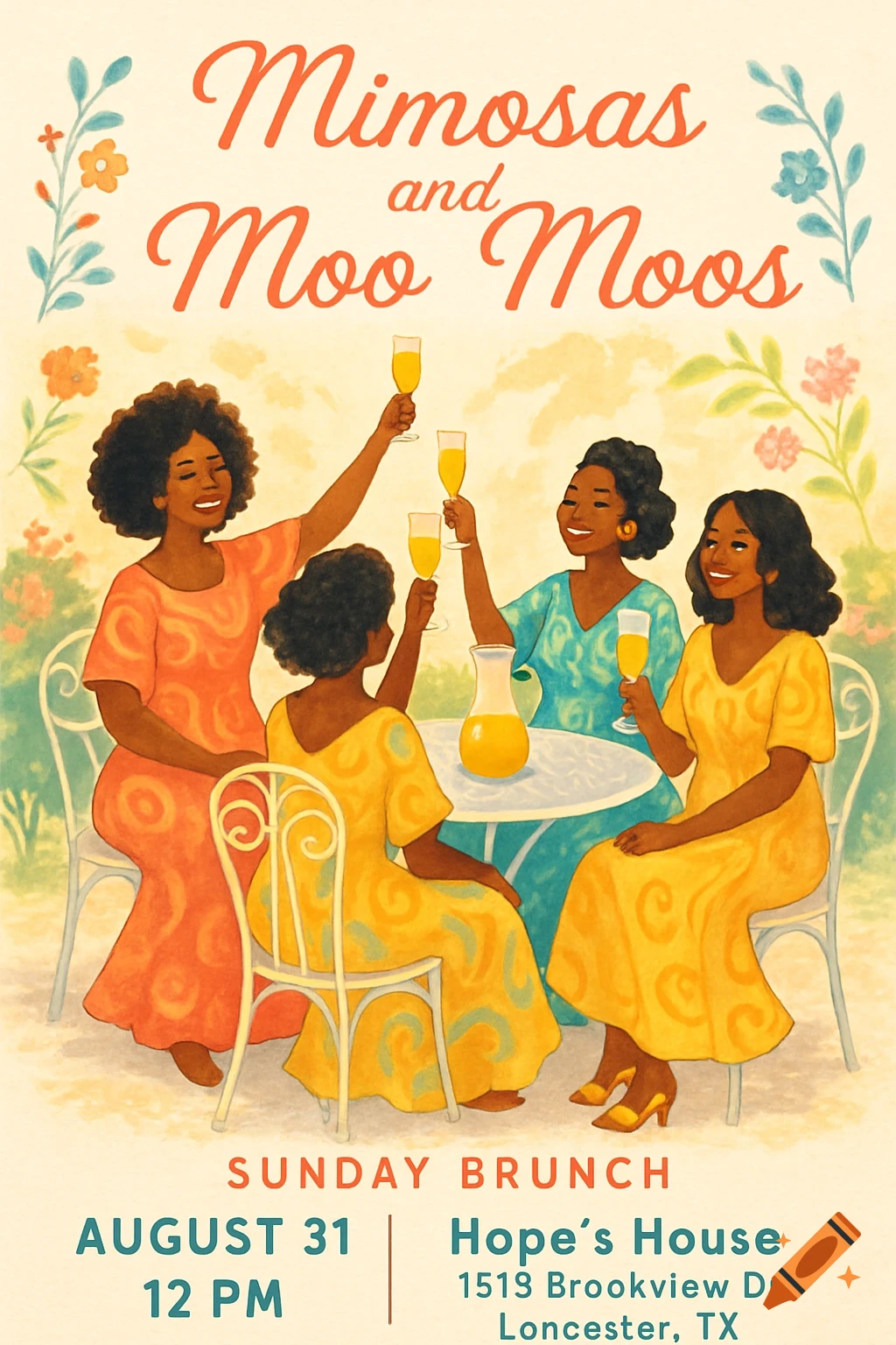 Vintage-style illustration of four African American women in colorful dresses enjoying mimosas at an outdoor brunch.