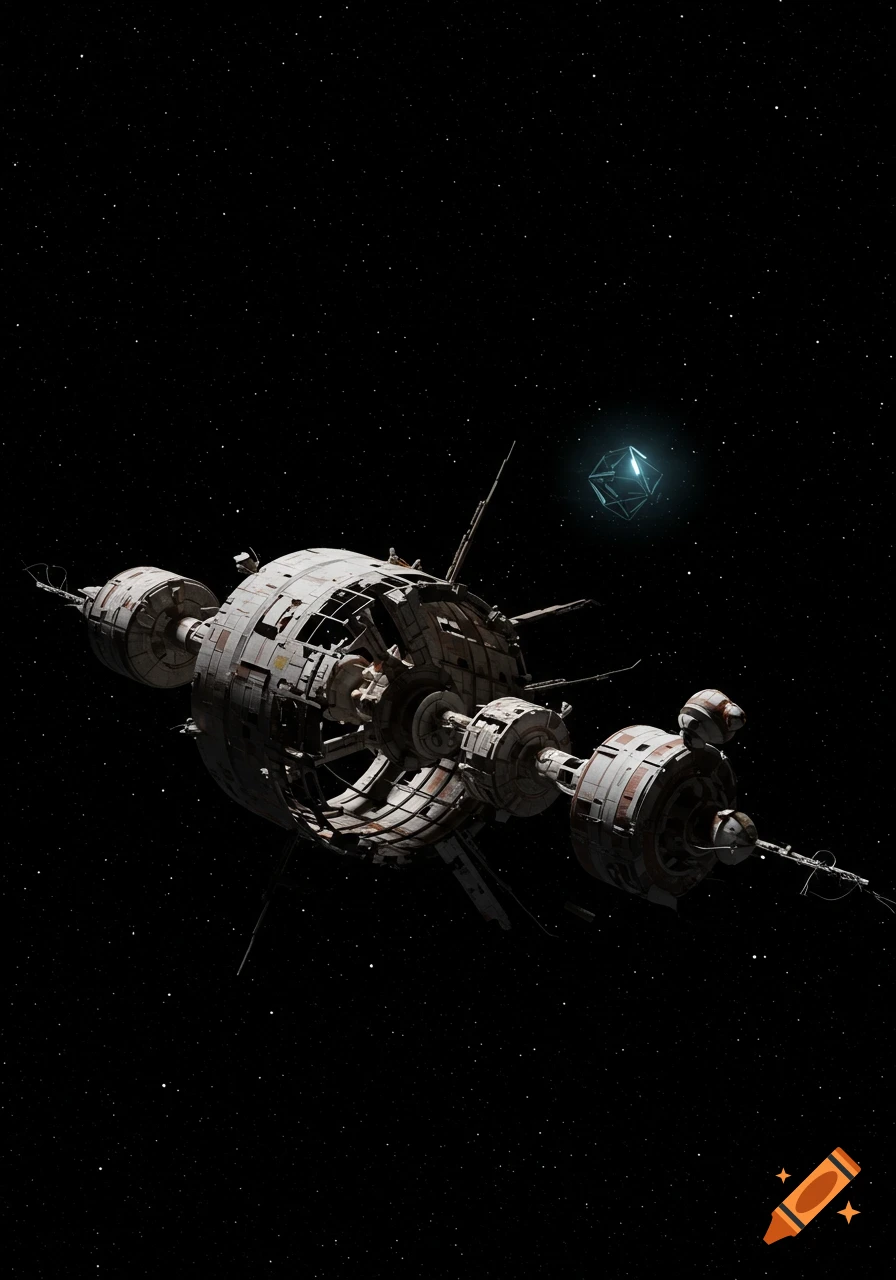 A photorealistic image of a derelict, skeletal spacecraft drifting in deep space with a glowing geometric form in the distance.