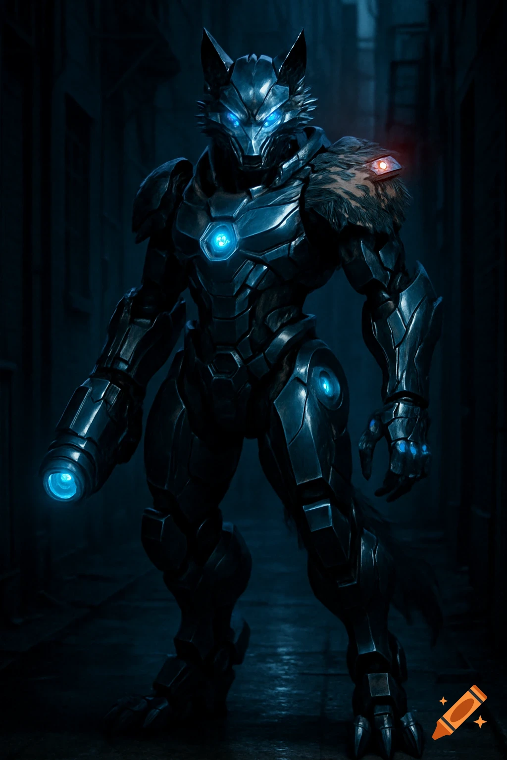 A futuristic, dark blue armored wolf-like robot with glowing blue eyes and chest stands in a dimly lit alley.