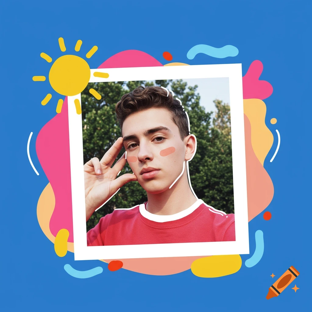 A young man making a peace sign gesture, surrounded by colorful abstract shapes and a bright yellow sun icon.