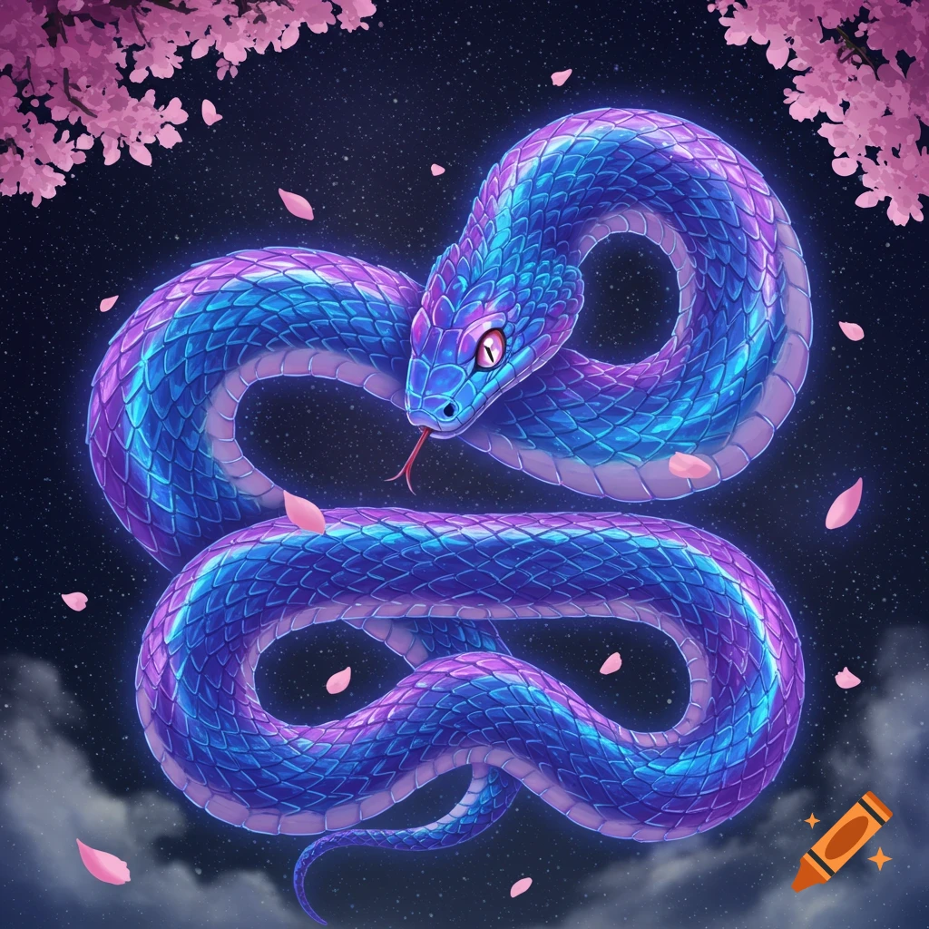 An anime-style blue and purple snake with glowing scales, coiled against a dark, starry sky with pink cherry blossoms and petals.