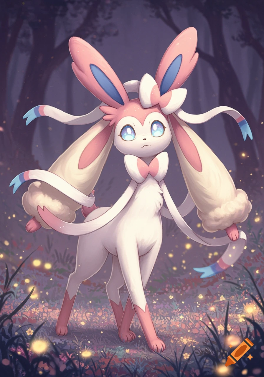 A pink and white Sylveon-like creature with long ears and ribbons stands in a magical forest with glowing flowers.