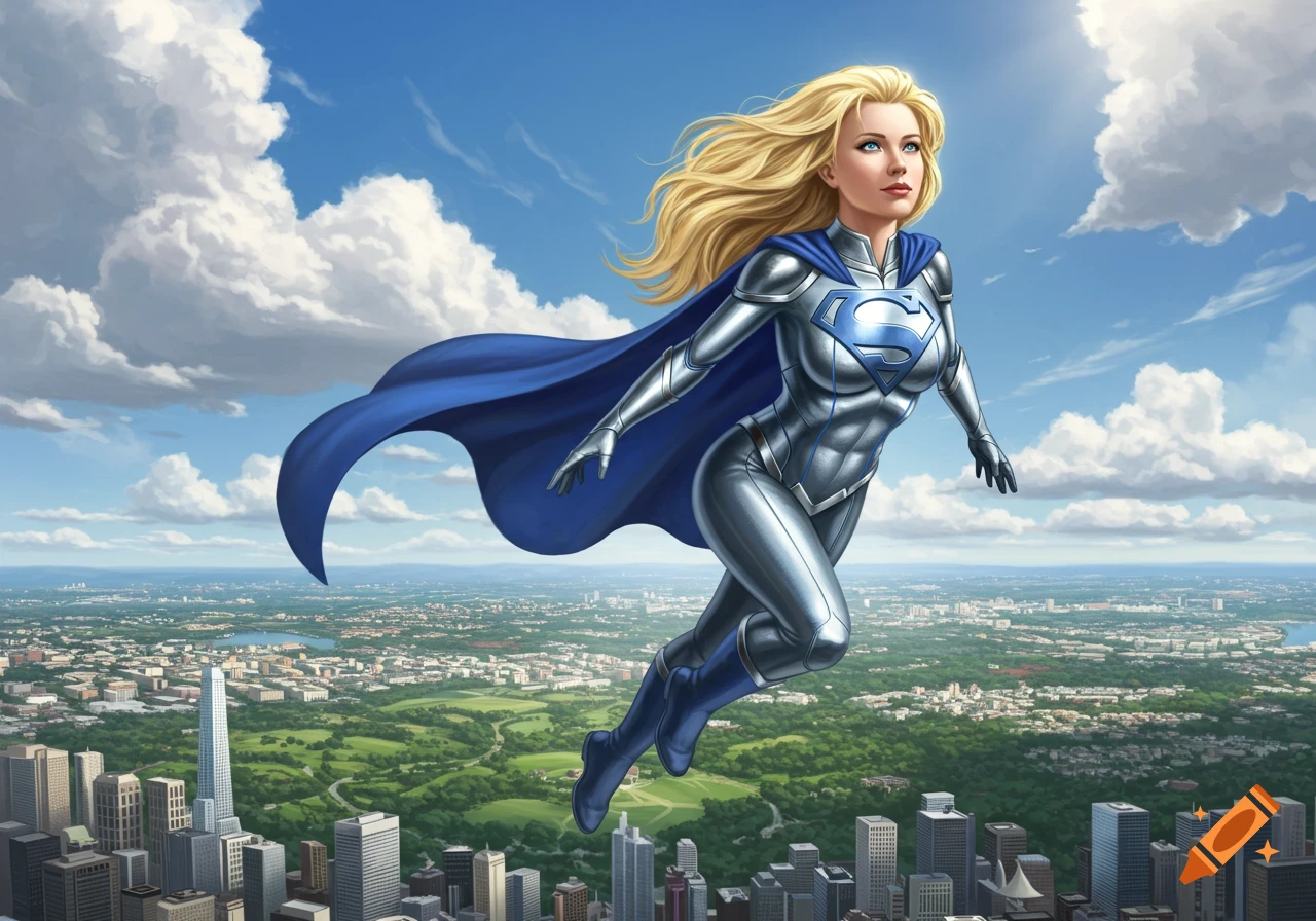 Blonde Superwoman in a metallic silver and blue suit with a cape flies above a city under a sunny sky.