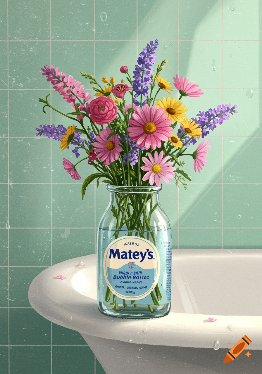 A colorful bouquet of wildflowers in a Matey's bubble bath bottle on the edge of a bathtub in a mint green tiled bathroom, in an illustrative style.