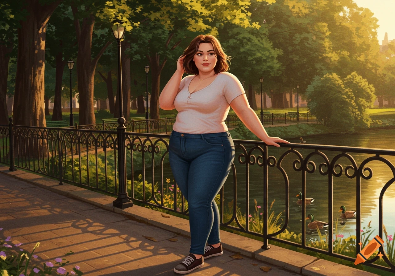 An illustrated woman with brown hair stands in a park by a lake, leaning on a railing at sunset.