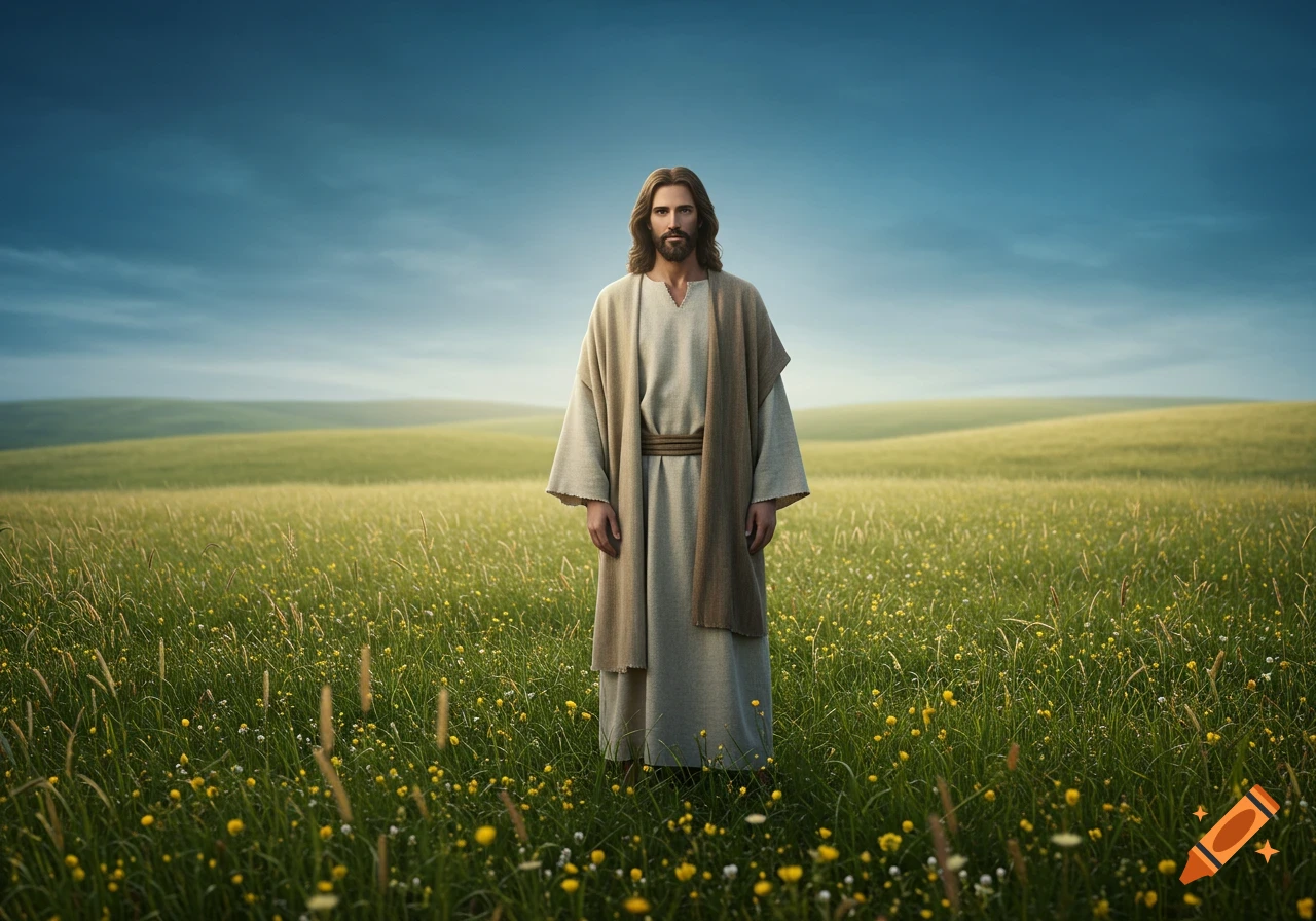 Jesus standing in a lush green field with yellow flowers under a blue sky, photorealistic style.