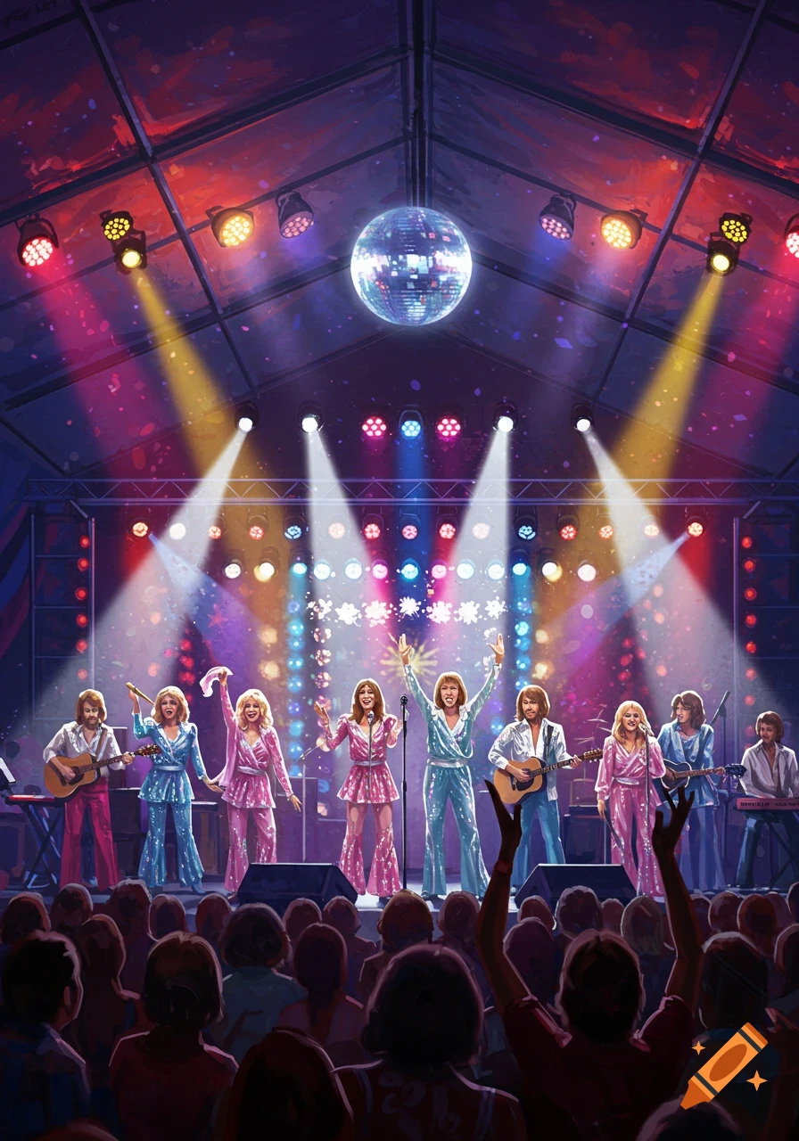 An illustrated pop music group performs on a brightly lit stage under a tent, with a disco ball overhead and an audience watching.