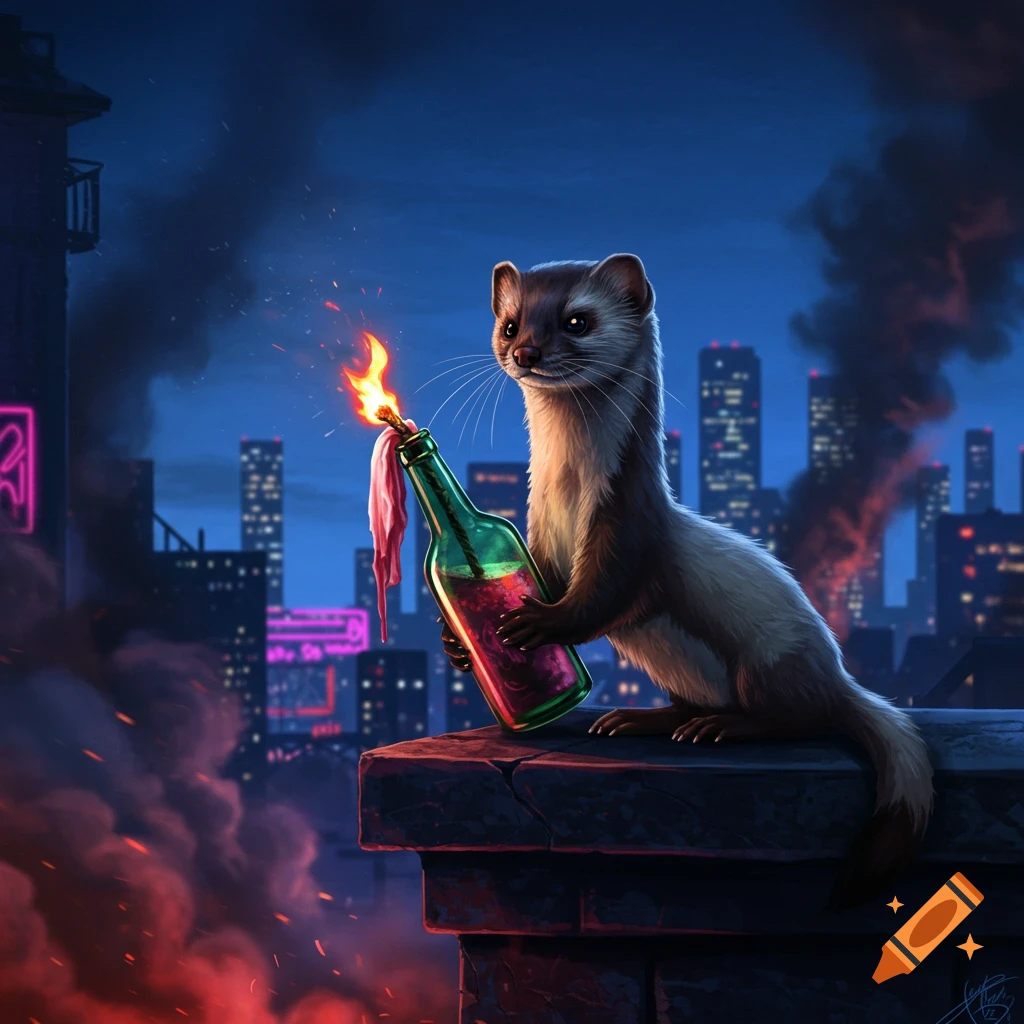 A weasel holds a lit Molotov cocktail on a rooftop overlooking a burning city at night, in a stylized illustration.