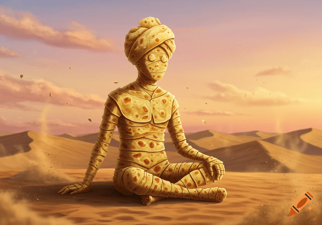 A stylized figure made of golden, textured popadoms sits in a meditative pose in a vast desert at sunset.