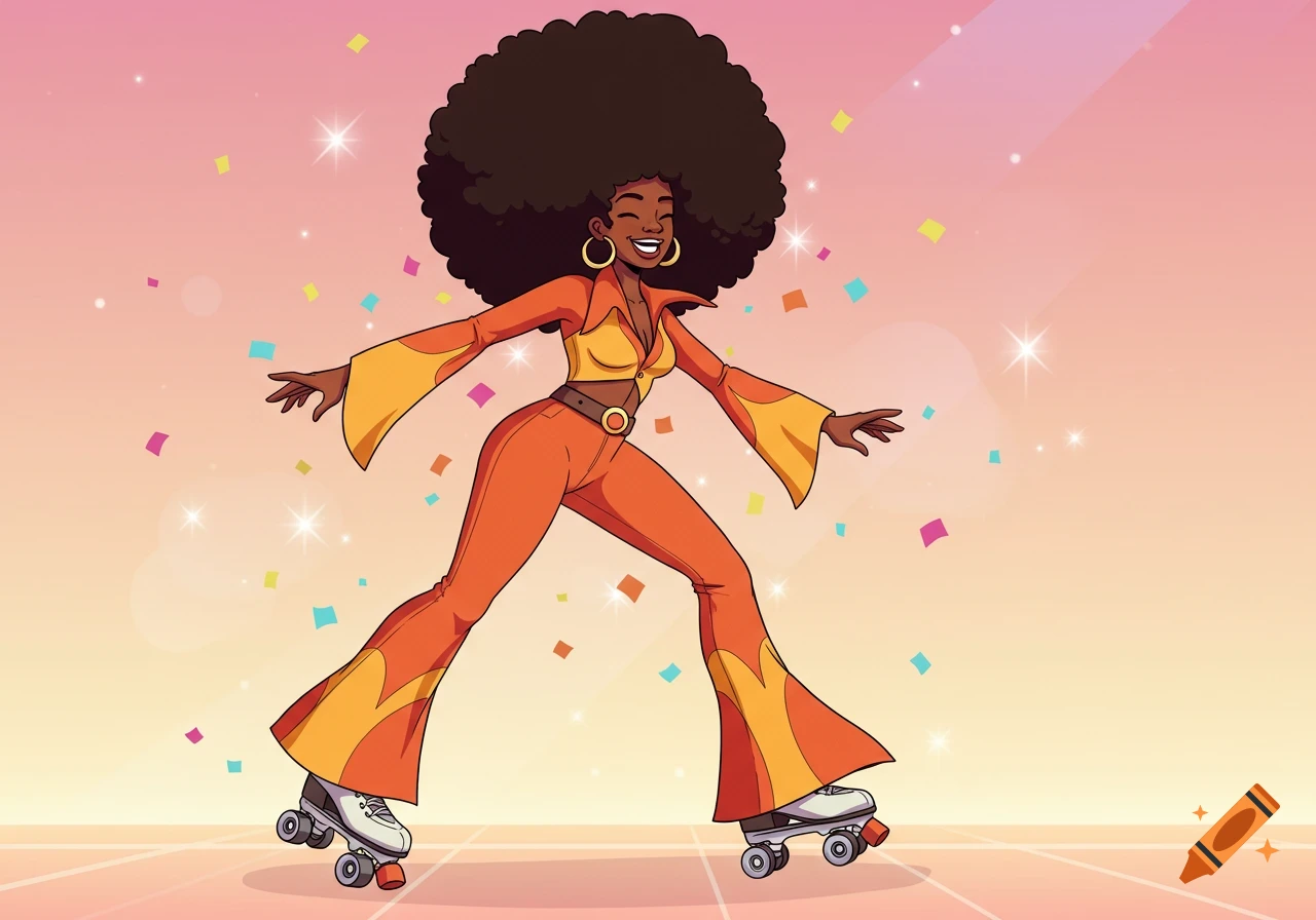 A smiling Black woman with a large afro, wearing an orange 70s disco jumpsuit and roller skates, glides across a floor with confetti.