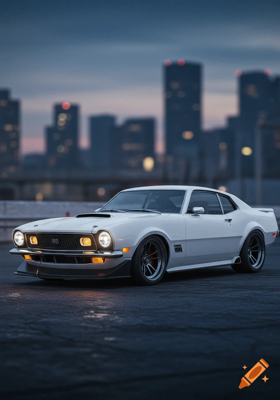 A white 1971 Ford Maverick pro touring car with illuminated headlights parked on asphalt, with a blurred city skyline at dusk.