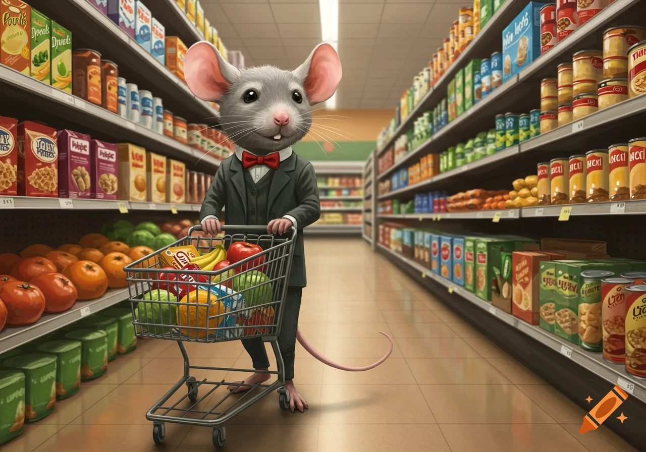 An anthropomorphic mouse in a suit pushes a shopping cart filled with groceries down a supermarket aisle.