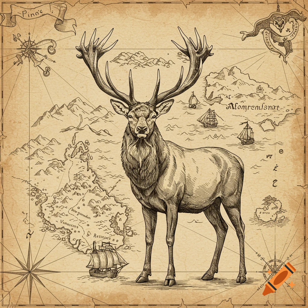 An illustration of an elk standing on an old, vintage-style pirate map with islands, ships, and compass roses.