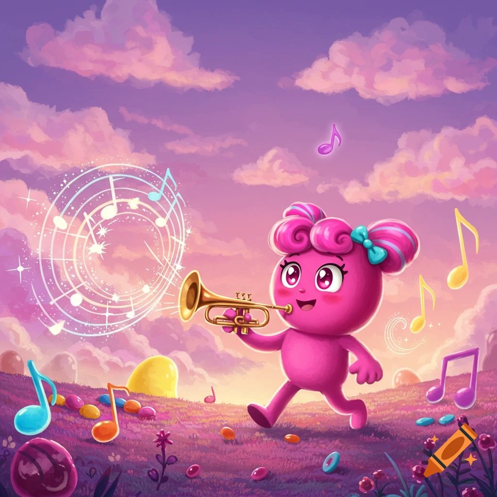 A cheerful pink cartoon character with pigtails and a blue bow plays a golden trumpet in a whimsical, colorful landscape with floating musical notes.