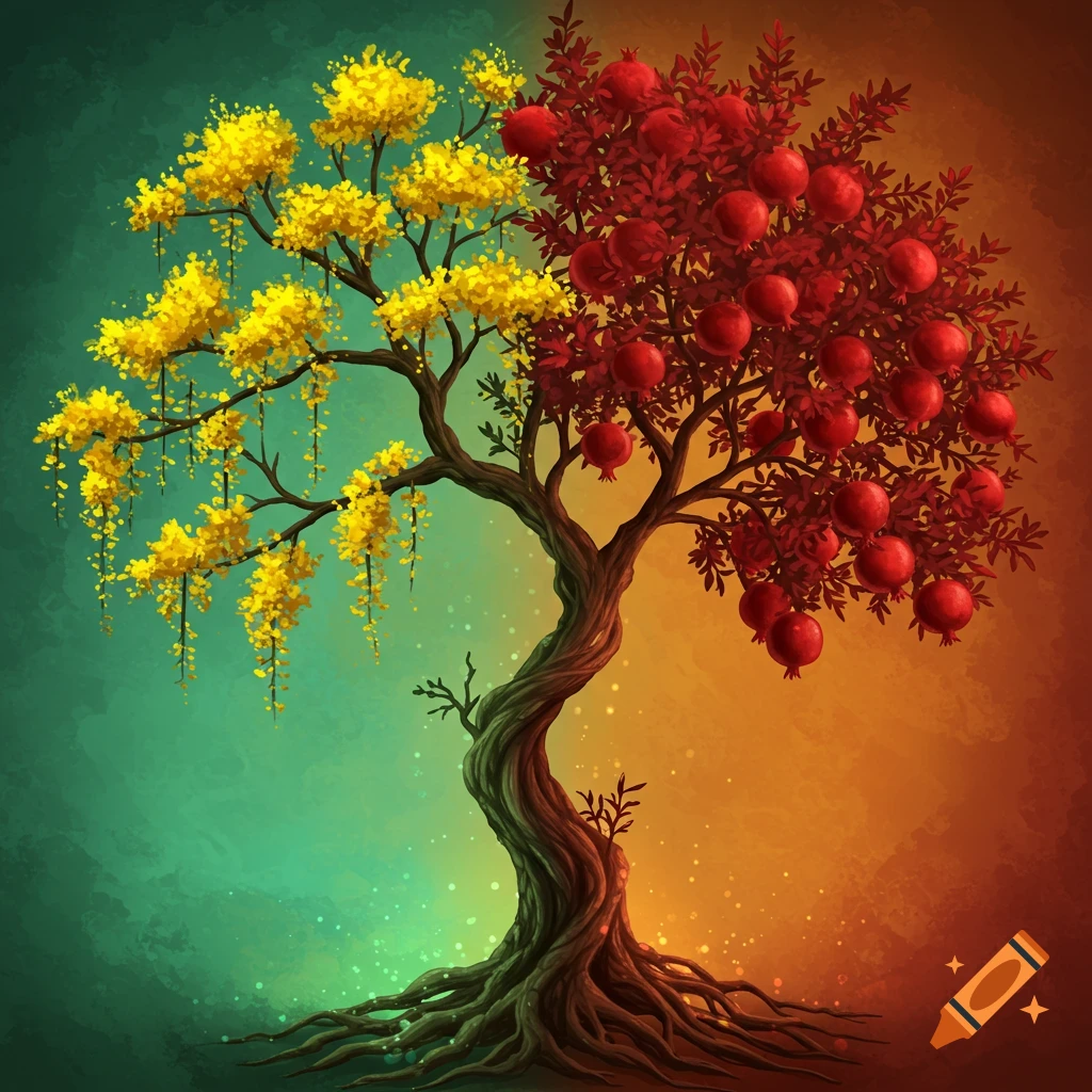 Stylized illustration of a tree split between vibrant yellow flowers and red pomegranates, on a gradient green and orange background.