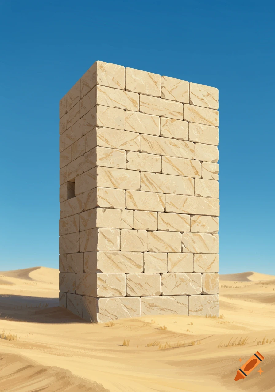 A tall, rectangular beige stone building stands in a desert landscape under a clear blue sky.