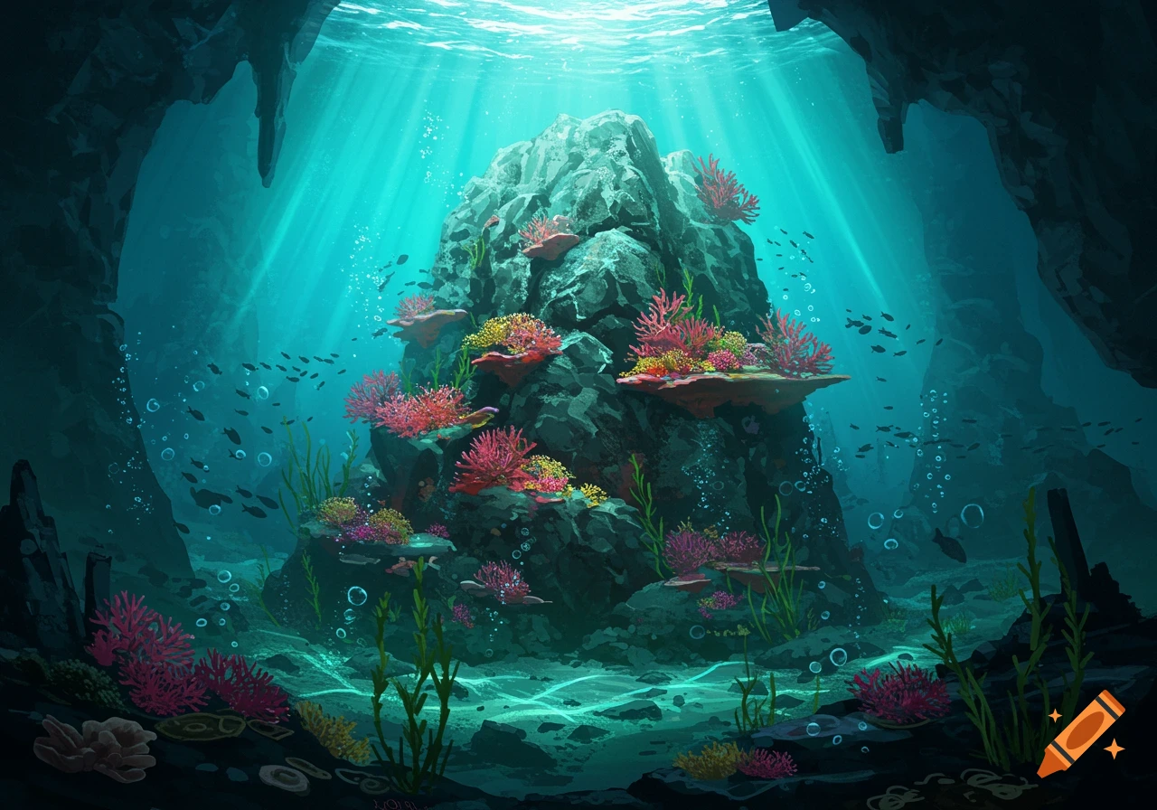 Sunlit underwater cave with a large rock covered in vibrant coral and small fish swimming, digital art style.
