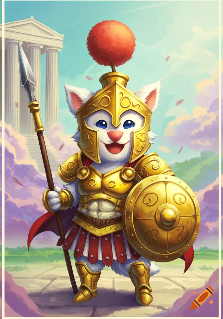 A cute white cat-like creature in golden Spartan armor holds a spear and shield, standing before a classical temple under a pastel sky.