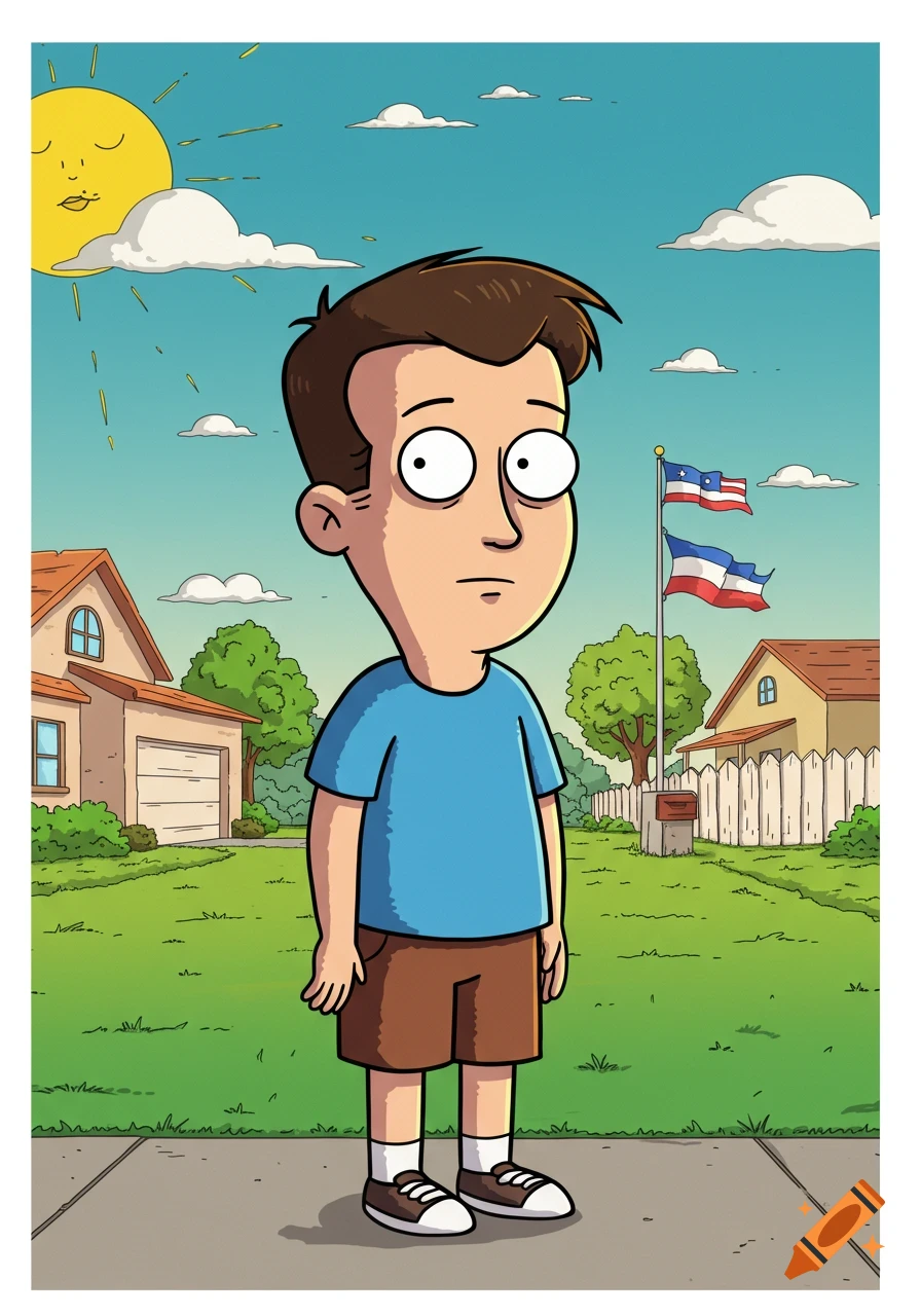 A cartoon boy resembling Bobby Hill stands on a sidewalk in a suburban neighborhood with houses, flags, and a smiling sun in the background.