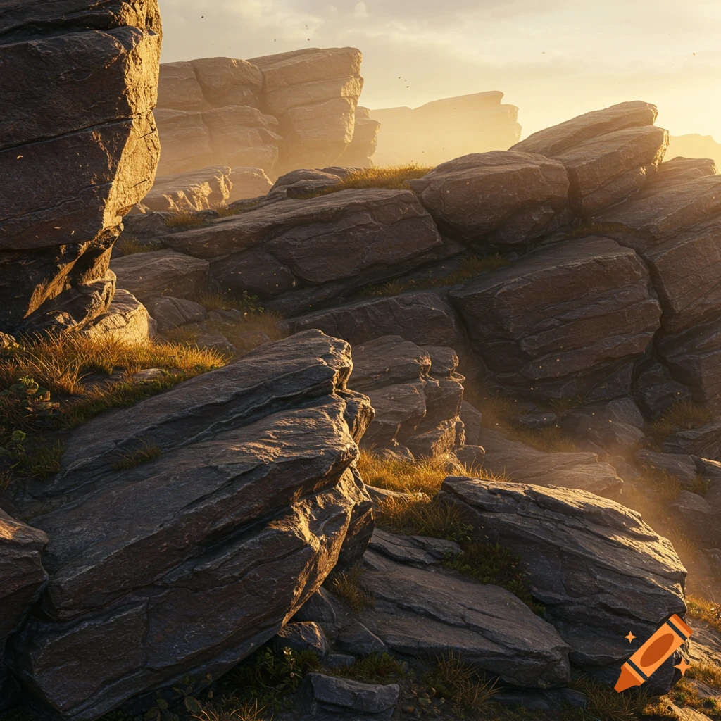A rugged, rocky landscape bathed in the warm, golden light of sunrise or sunset.