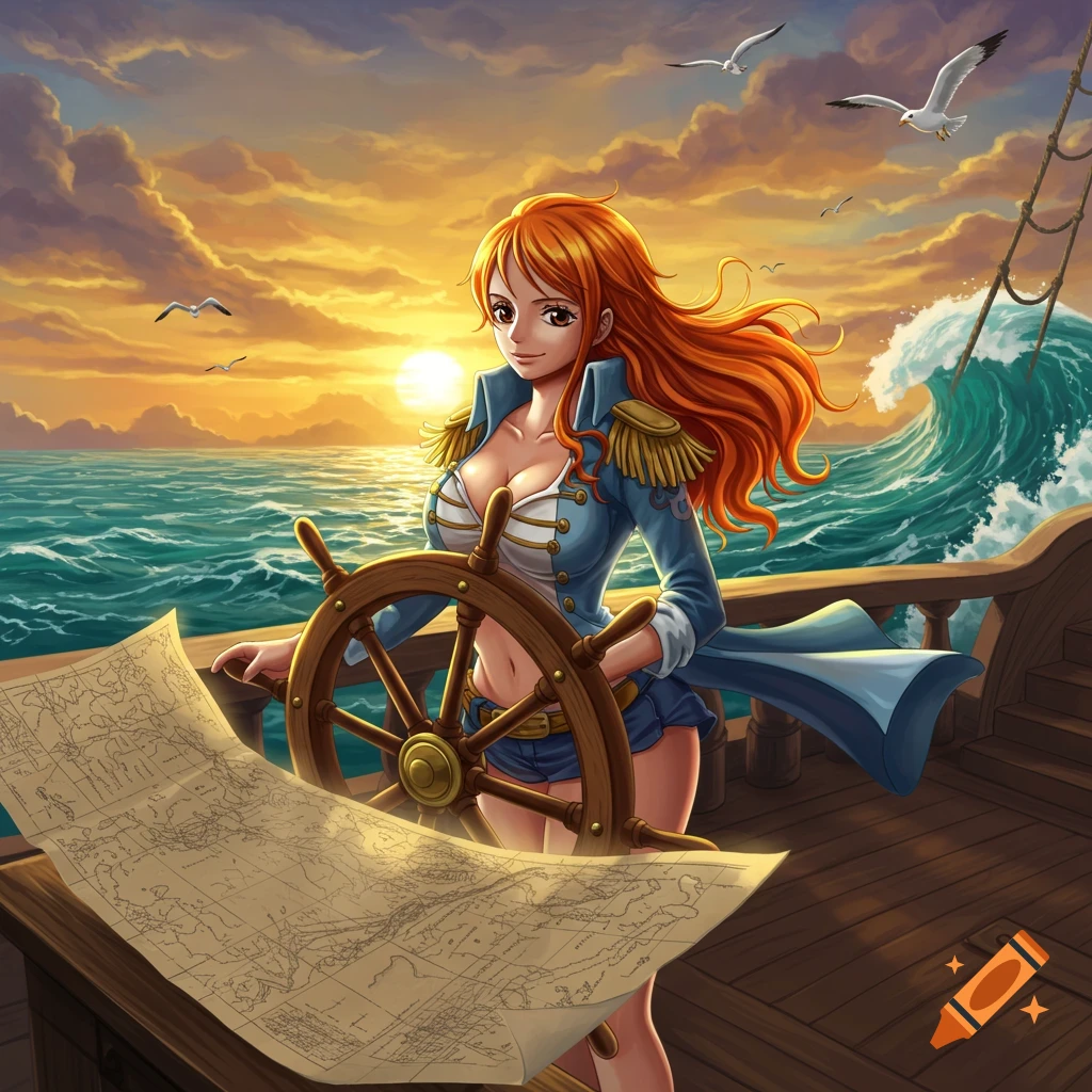 Anime illustration of Nami from One Piece on a ship's deck, holding a steering wheel with a map, at sunset over the ocean.