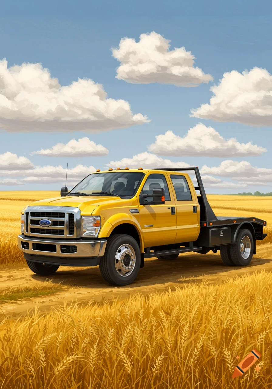 A bright yellow Ford F-550 flatbed truck parked in a golden wheat field under a blue sky with white clouds.