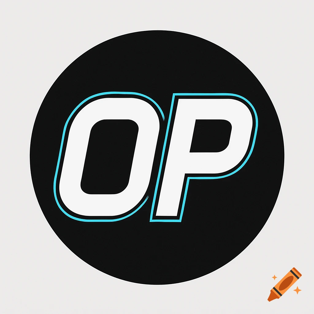 Black circular logo with white capital letters OP outlined in cyan.