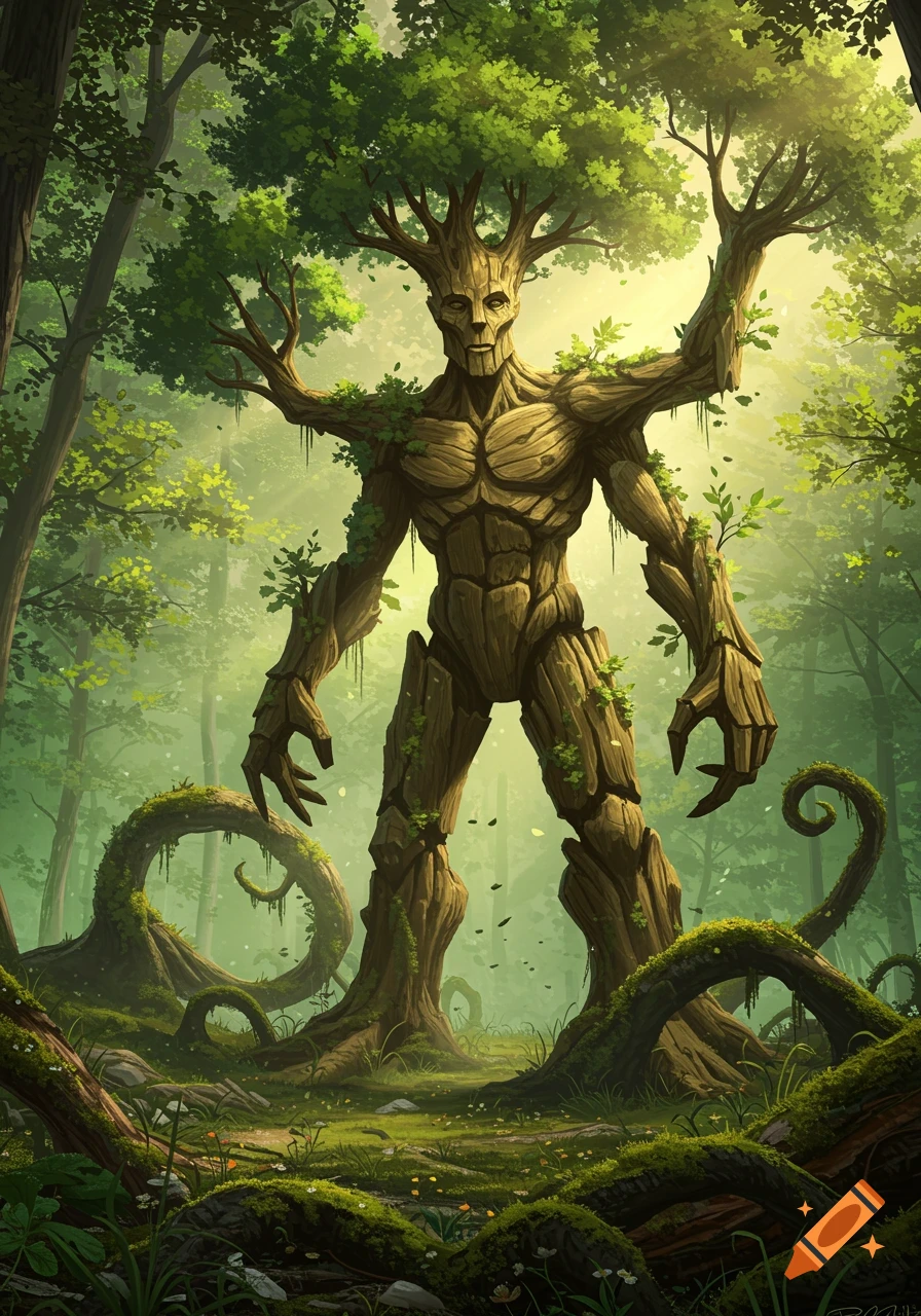 A large, muscular treeman with roots for feet and leafy branches for a head and arms stands in a vibrant, misty forest.