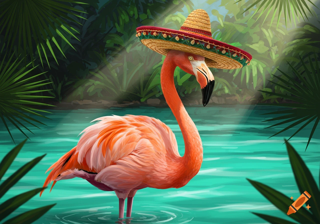 An illustrated pink flamingo wearing a sombrero stands in turquoise water in a lush tropical jungle.